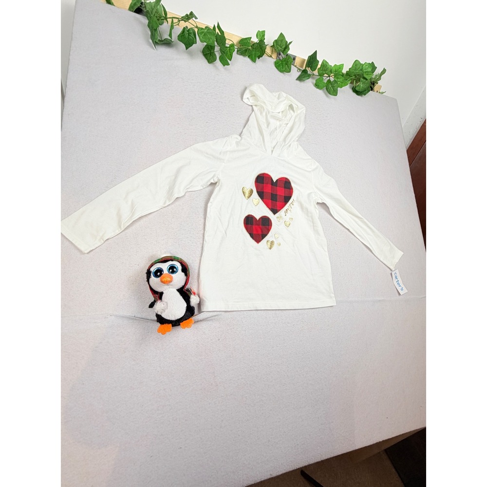 Carters Girls White Be Joyful Buffalo Plaid Heart Hoodie with Ty Penguin Plush